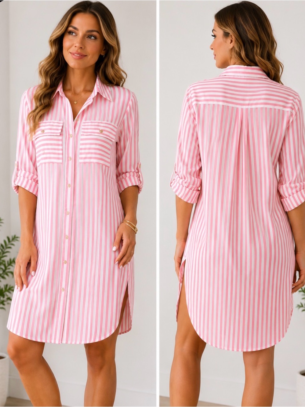 🌸 NWT Kaylee Kollection Pink & White Striped Shirt Dress | Size Medium 🌸